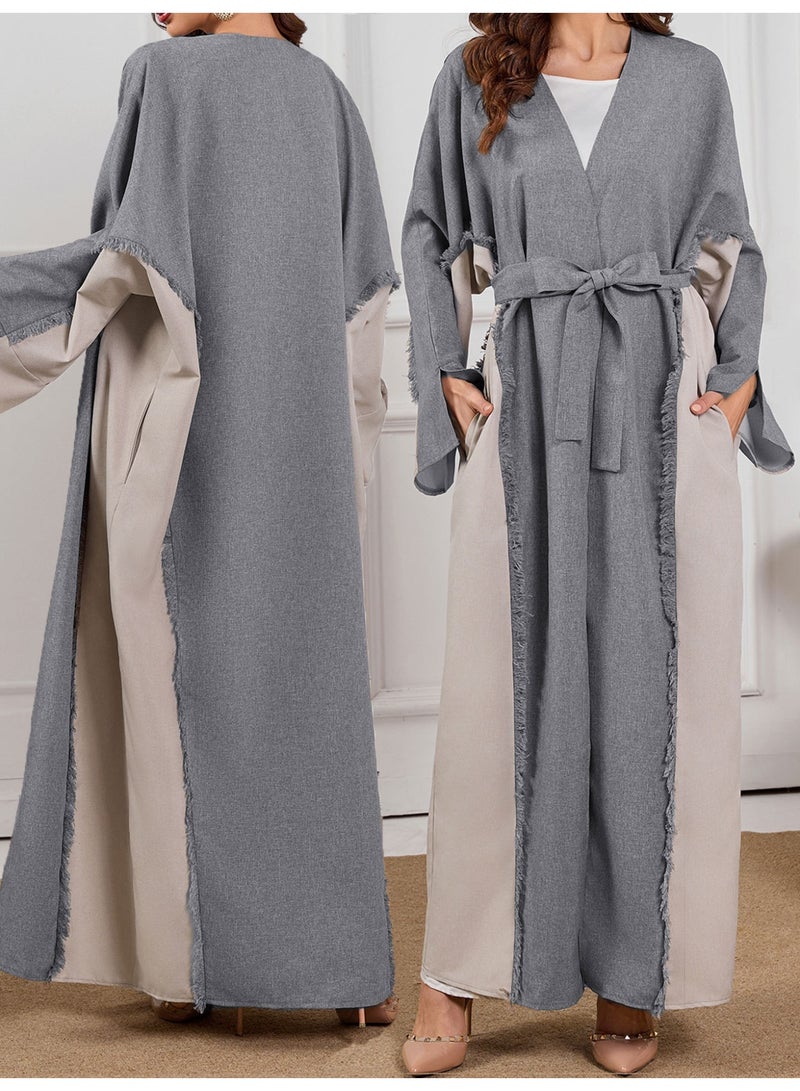 SHOWDAY Women’s Open Front Abaya Cardigan, Two Tone Long Kimono Kaftan with Belt & Pockets, Modest Maxi Outerwear for Daily Wear, Ramadan & Eid - Image 3